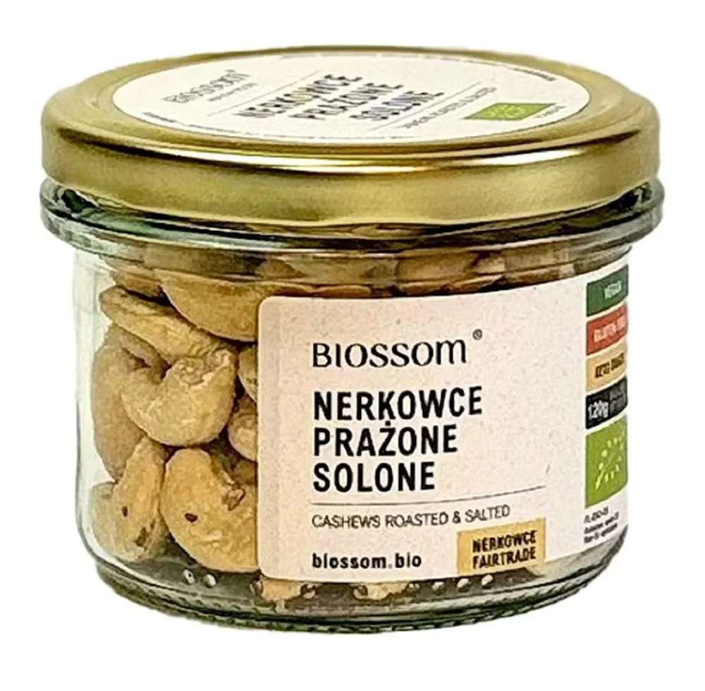 FAIR TRADE Rostade och saltade ekologiska cashewnötter utan gluten 120 g - BIOSSOM