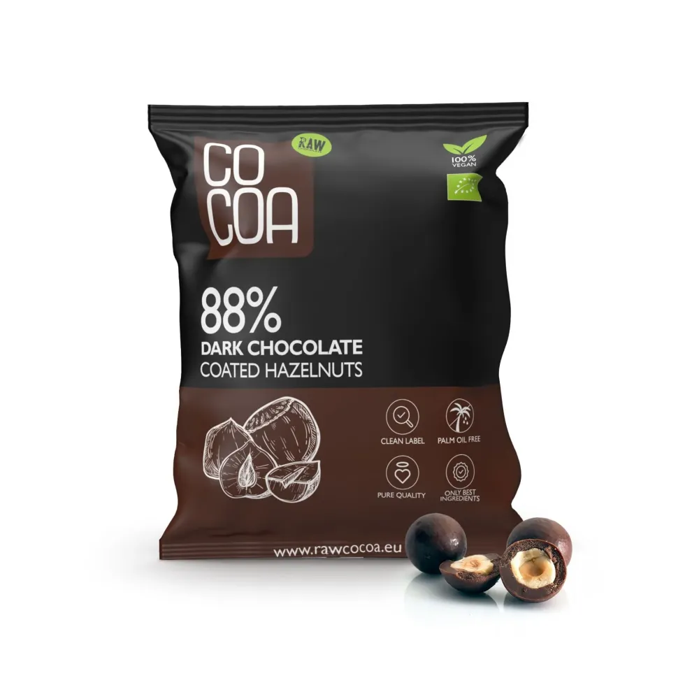 Hasselnötter med mörk choklad 88% EKO 70 g - COCOA