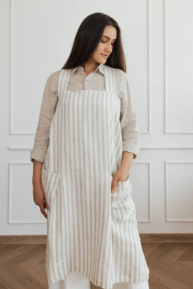 Linen Crossed Back Apron Navy Stripe L