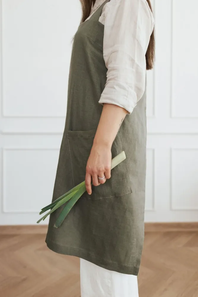 Linen Crossed Back Apron Navy Stripe L