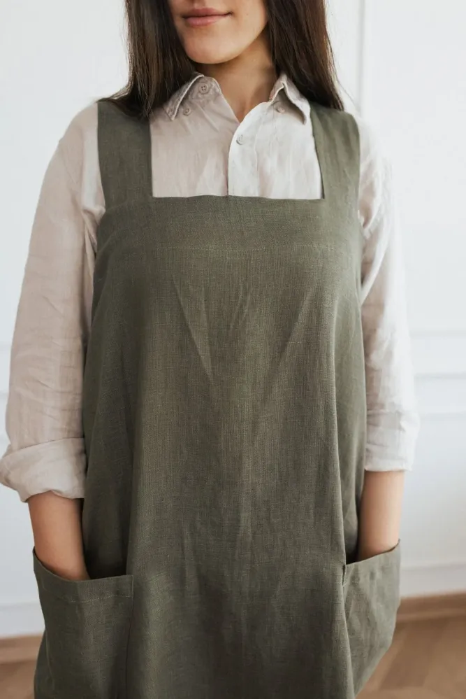 Linen Crossed Back Apron Navy Stripe L