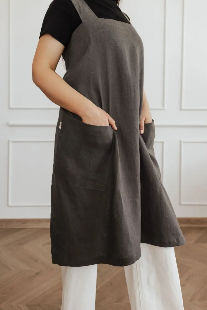 Linen Crossed Back Apron Navy Stripe L
