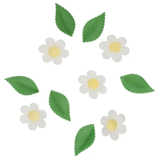 Set/11 Ätbart Pappersdekorationer - Vita Blommor & Löv
