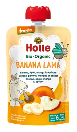 TUBE MUSE BANAN - ÄPPLE - MANGO - APRIKOS UTAN TILLSATT SOCKER FRÅN 6 MÅNADER DEMETER EKOLOGISK 100 g - HOLLE