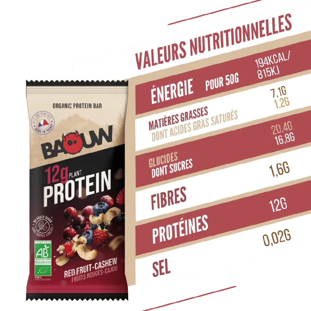 BAOUW ORGANIC EXTRA Proteinbar med röda frukter och cashewnötter (50 g)