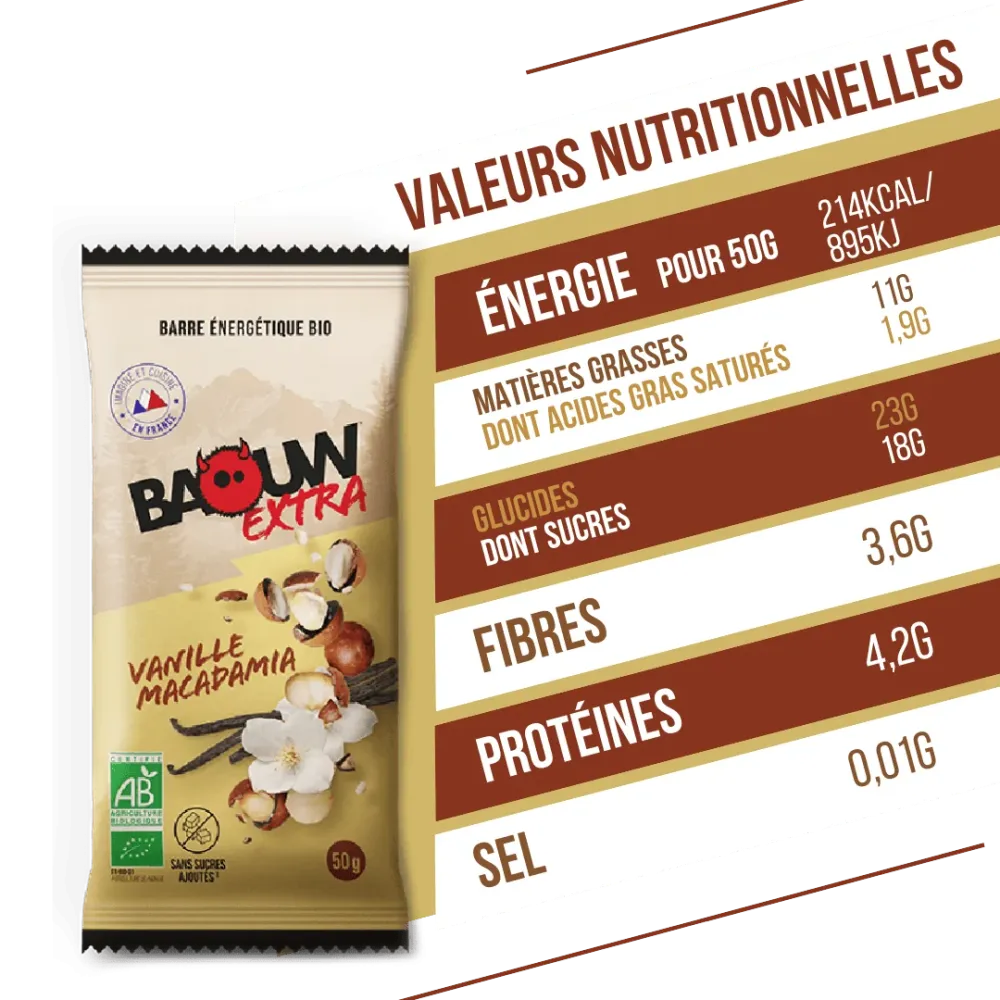 BAOUW ORGANIC EXTRA Vanilj-Macadamia Energy Bar (50 g)
