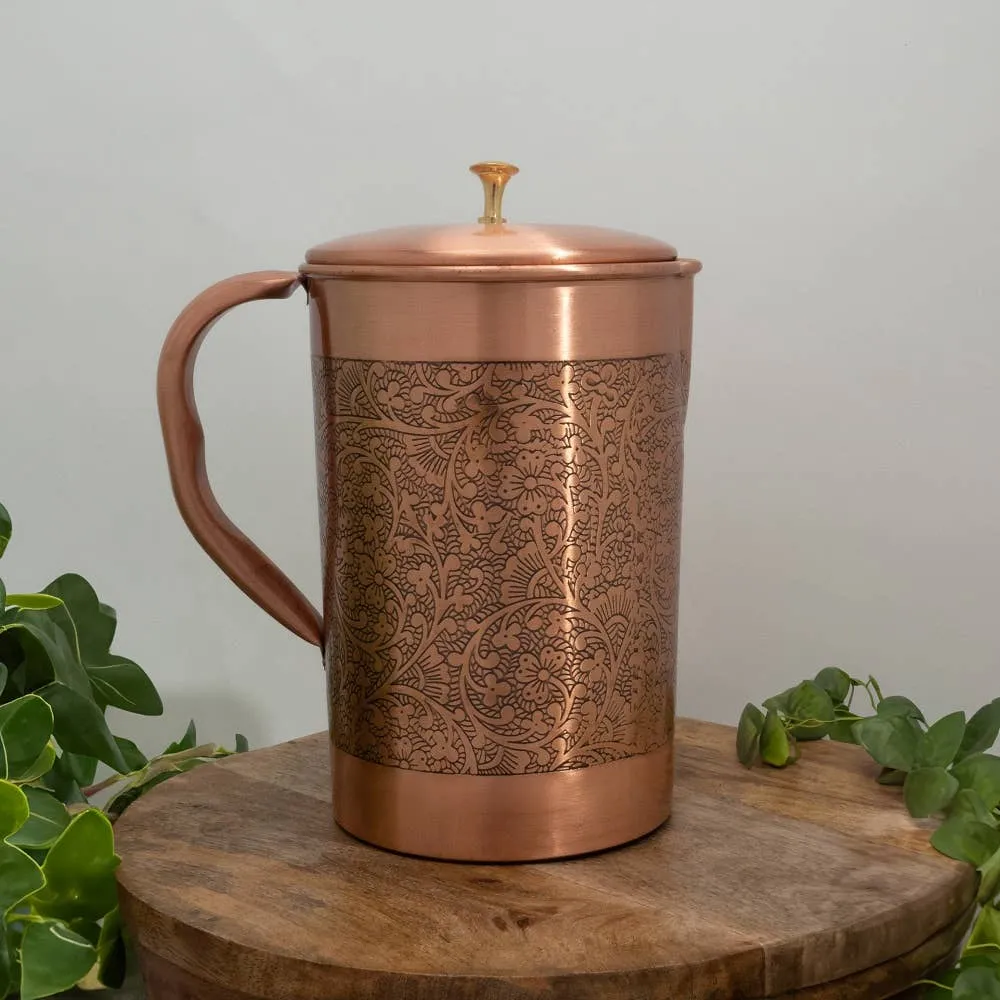 Ren kopparkanna med blommönster och lock ± 2 liter