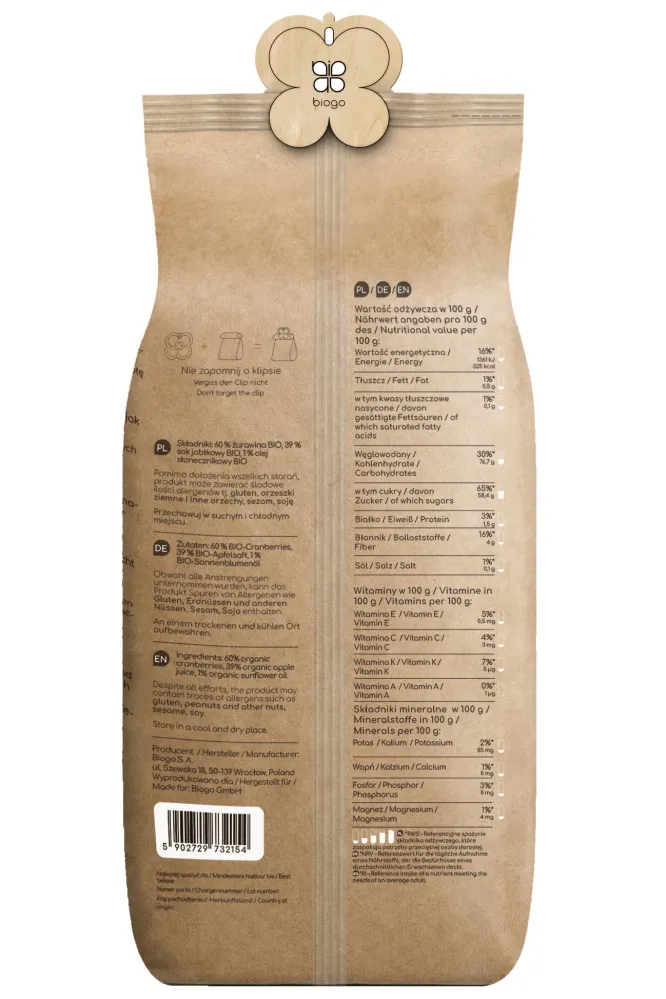 Tranbär sötade med äppeljuice ekologiska 1 kg BIOGO