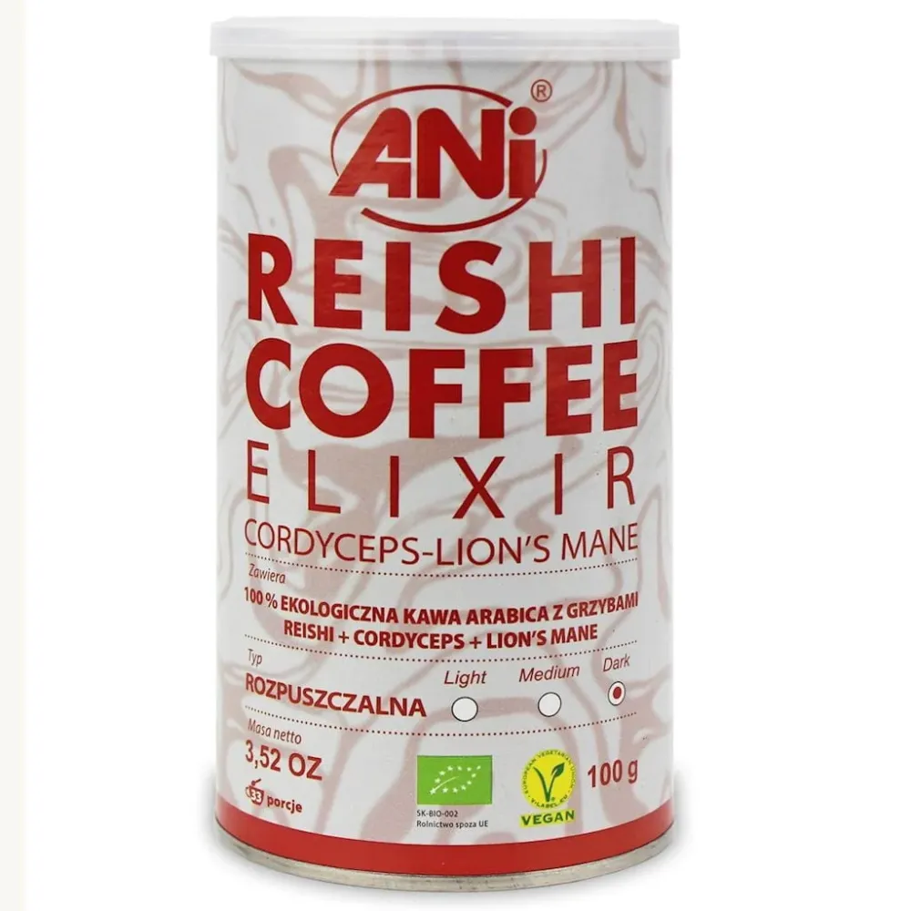 Arabica instantkaffé med reishi-svamp + cordyceps + lejonsvans BIO 100 g - ANI