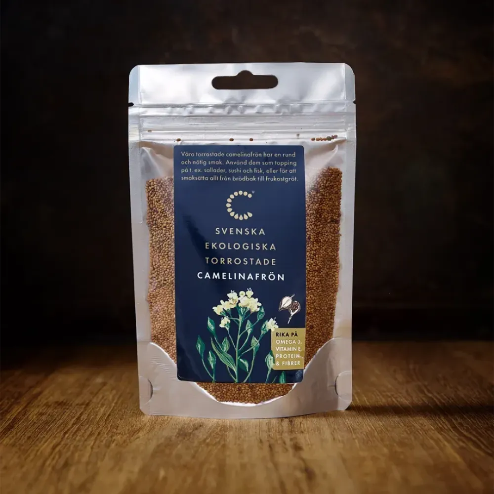 Ekologiska torrostade camelinafrön – Svenskodlade frön rika på omega 3, protein & fibrer