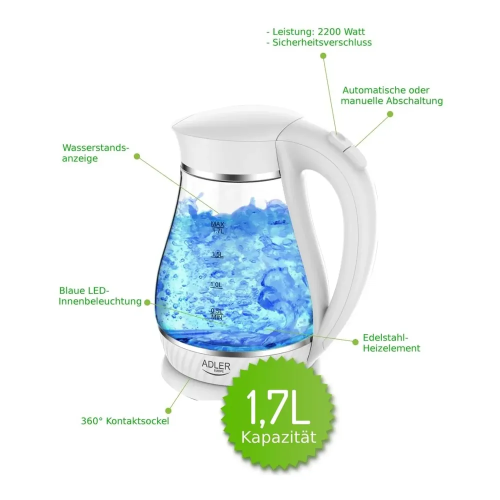 Adler AD 1274 elektrisk vattenkokare glas rostfritt stål värmare LED-bakgrundsbelysning spin bas 1.7L 2200W
