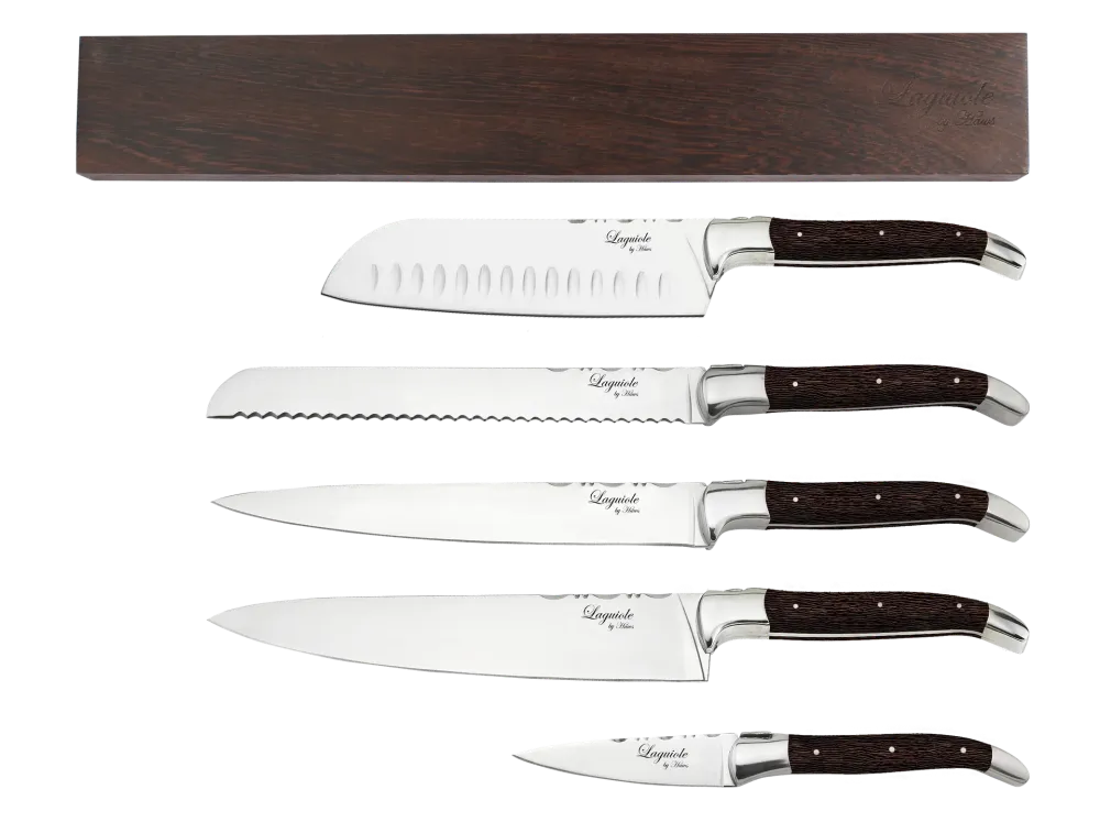 Knivar FunNordic Laguiole Hâws Kockset 5 delar + Väggknivställ Wengé