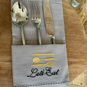 Servett i bomull, grå med broderad text Lets Eat, twin-pack