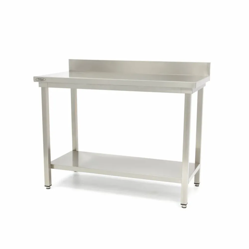 Bord i rostfritt stål - 60 x 60 cm - Justerbar höjd - med ryggplatta och förvaringshylla
