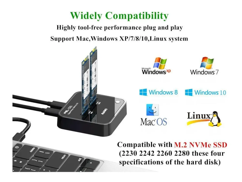 Maiwo K3016P dockingstation för hårddiskkloning NVMe SSD 1:1 USB3.2 Gen2 10Gbps M-Key och B+M Vital