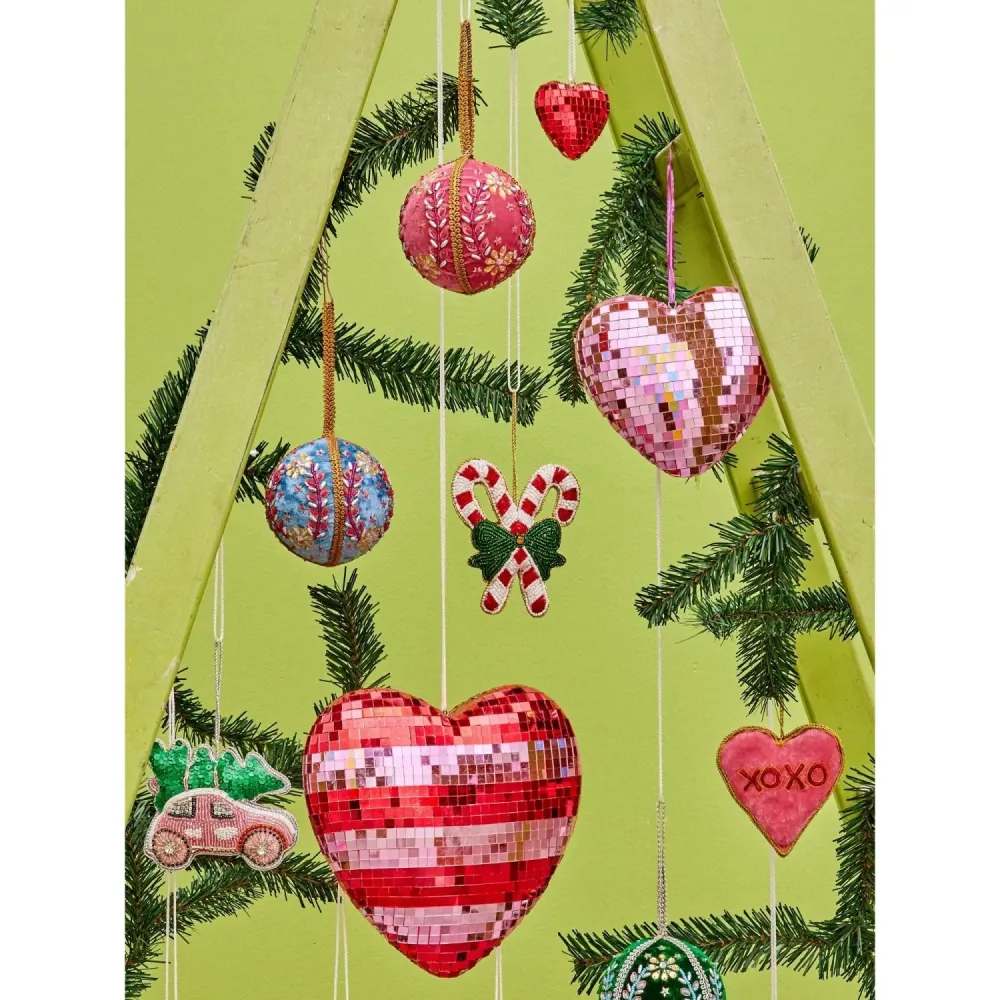 Rice Disco Boll I Heart Shape Med Ruby Och Pink Stripes - Large