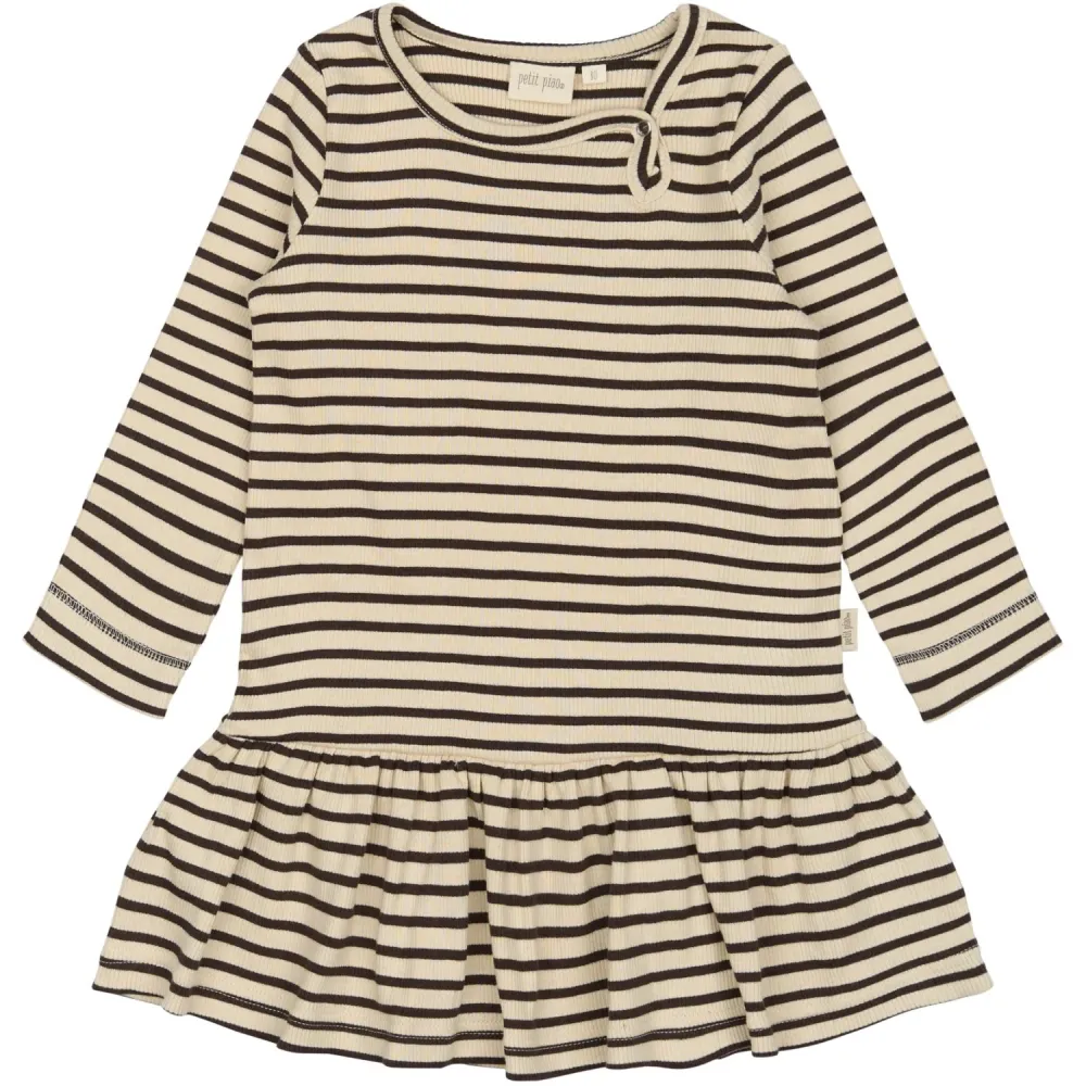 Petit Piao Coffee Bean/off White Klänning L/S Modal stripes 80