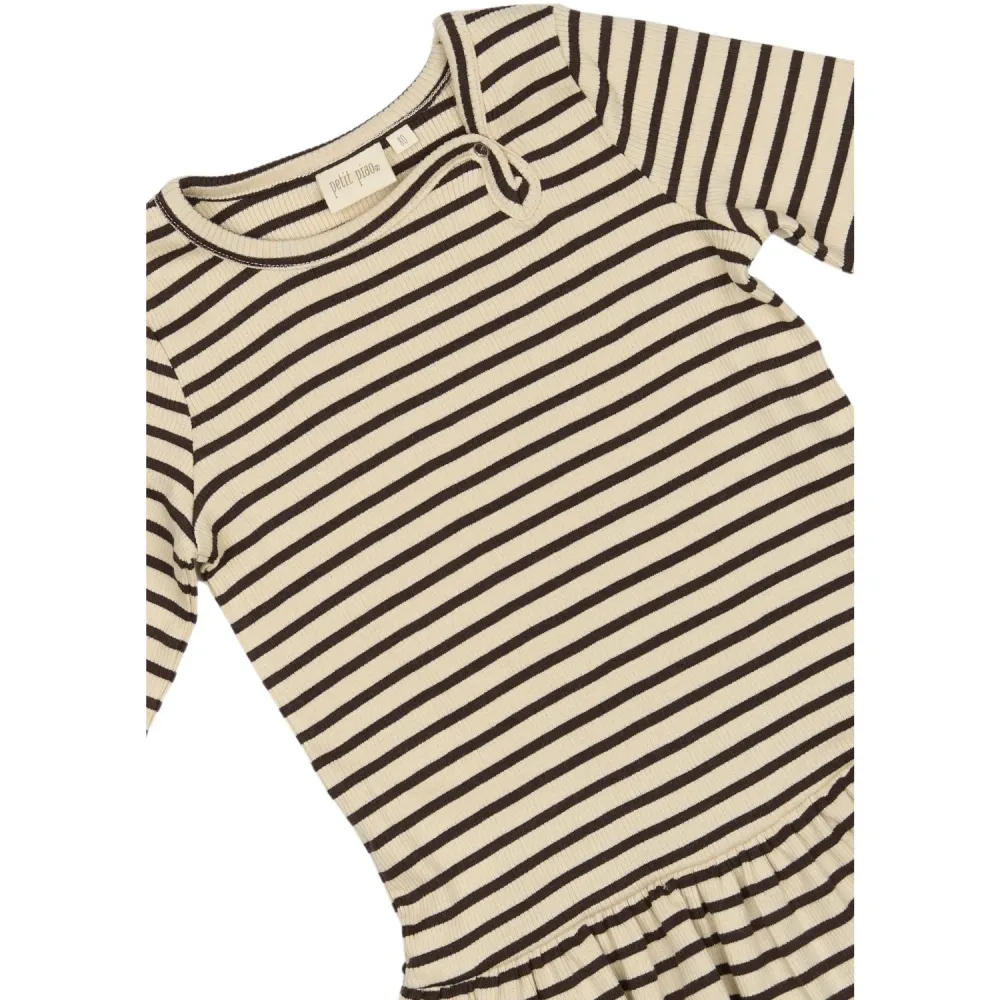 Petit Piao Coffee Bean/off White Klänning L/S Modal stripes 80