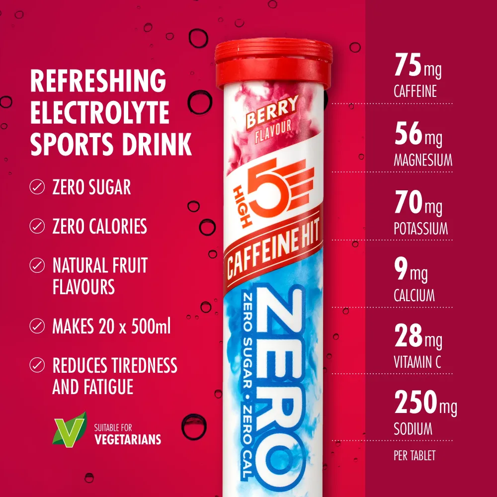 Elektrolyt vätsketabletter High5 ZERO Koffein (x20) Frukt Röd