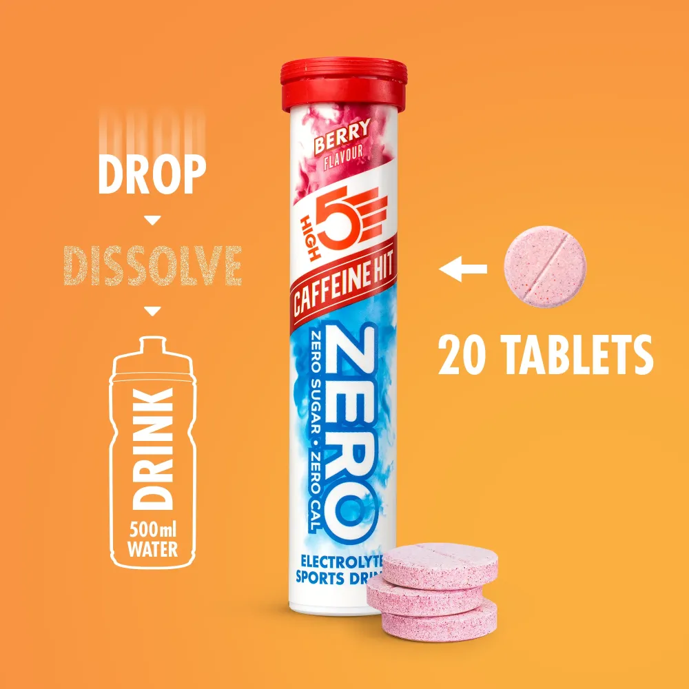 Elektrolyt vätsketabletter High5 ZERO Koffein (x20) Frukt Röd