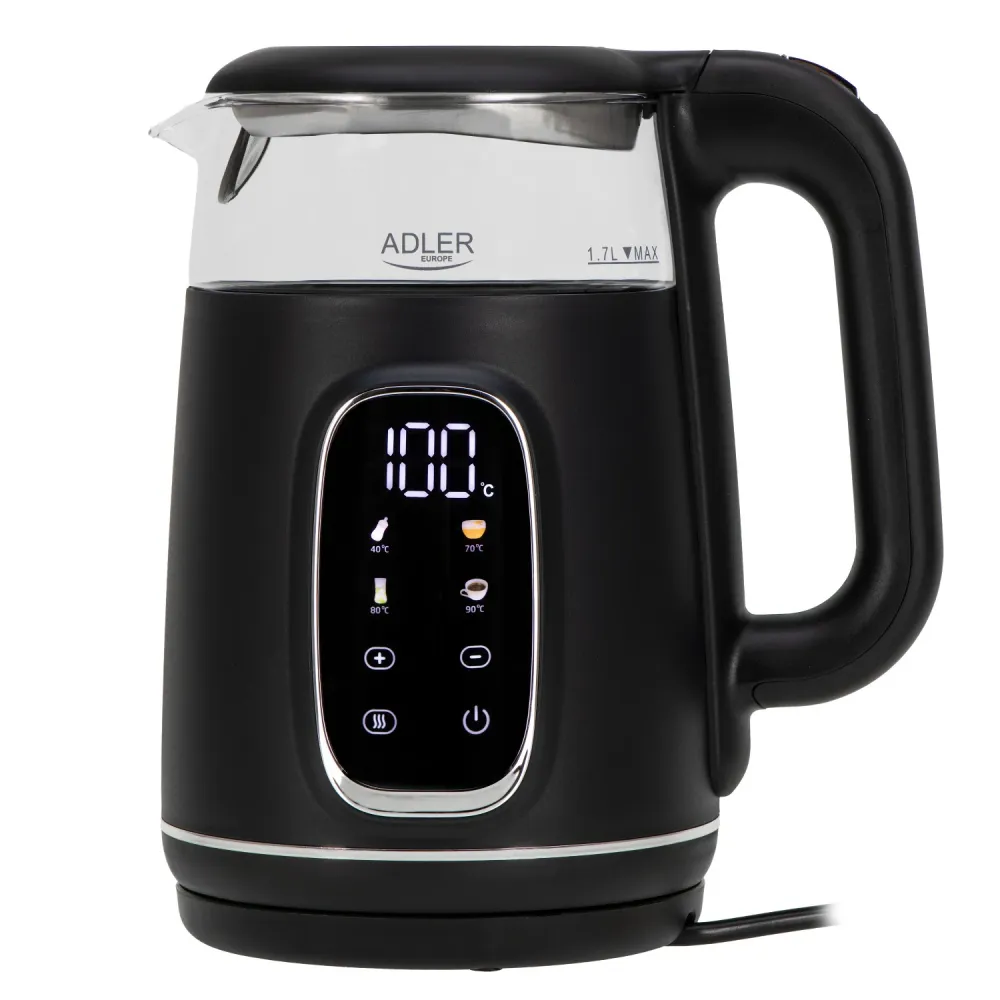 Elektrisk vattenkokare i glas 1,7L Adler, Träkol och silver, Temperaturkontroll, LED-display, AD 1305 bs