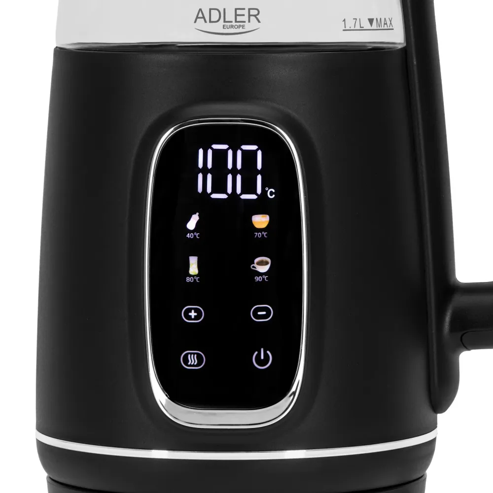 Elektrisk vattenkokare i glas 1,7L Adler, Träkol och silver, Temperaturkontroll, LED-display, AD 1305 bs