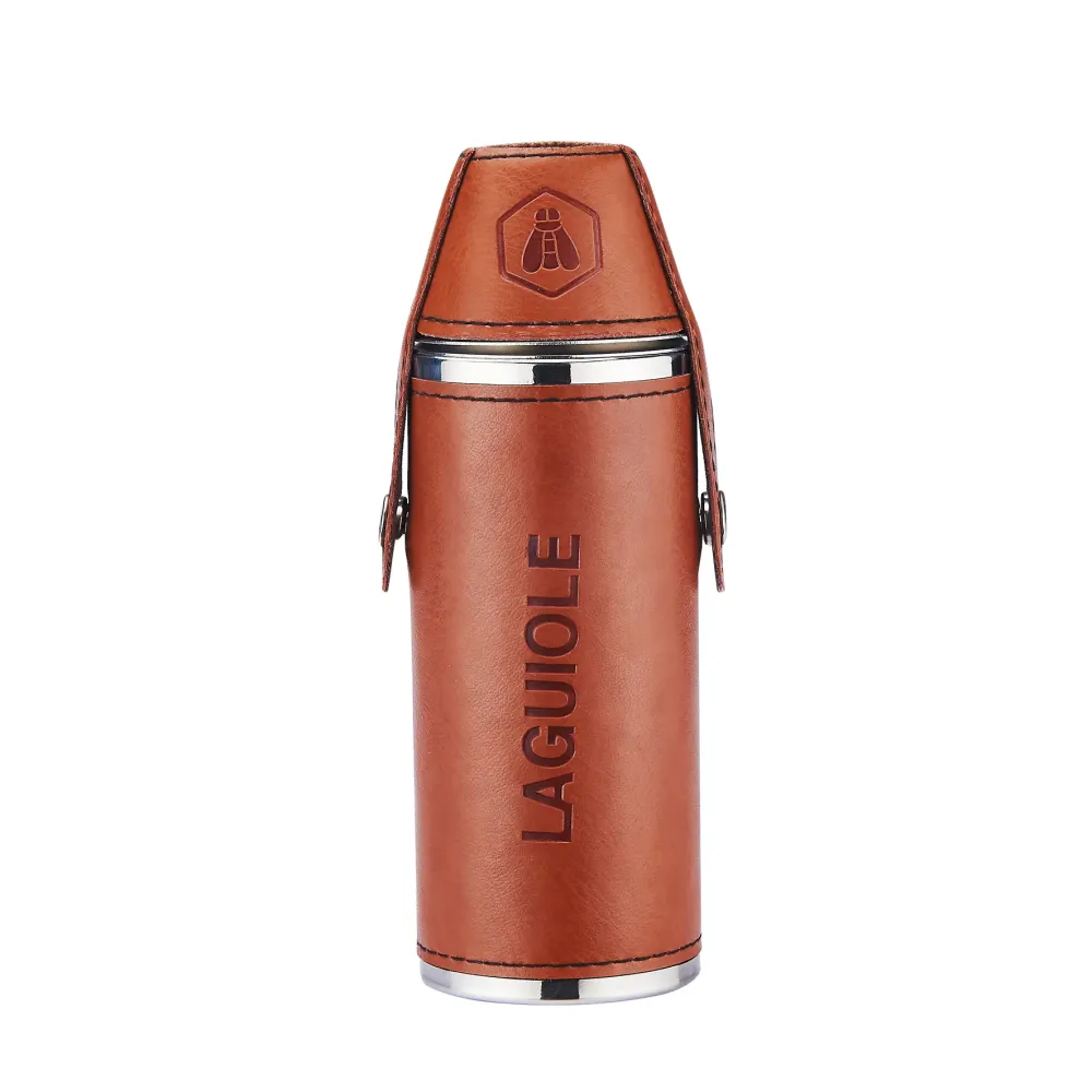 Laguiole flaska i rostfritt stål - 24 cl - Brun m/2 glas