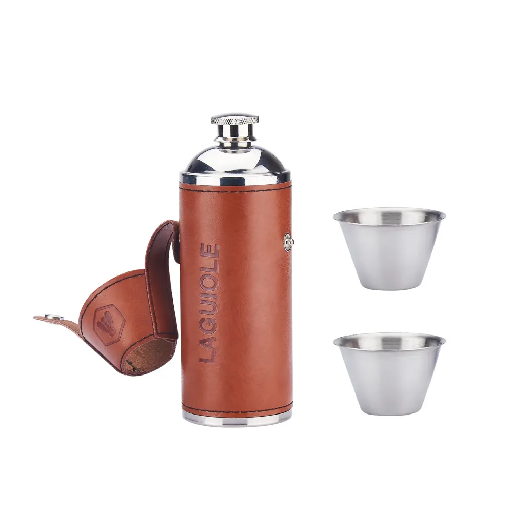 Laguiole flaska i rostfritt stål - 24 cl - Brun m/2 glas