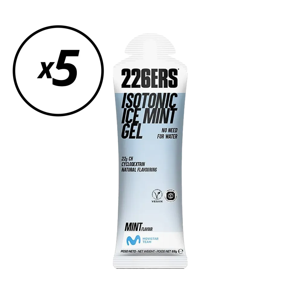 Förpackning med 5 st 226ERS ISOTONIC Energy Gels (68G) Mint Hållbarhetstid överskriden