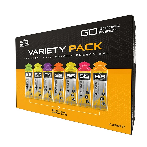 Förpackning med 7 glutenfria SIS GEL GO ISOTONIC Energy Gels (60 ml)