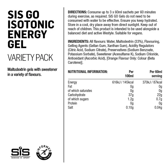 Förpackning med 7 glutenfria SIS GEL GO ISOTONIC Energy Gels (60 ml)