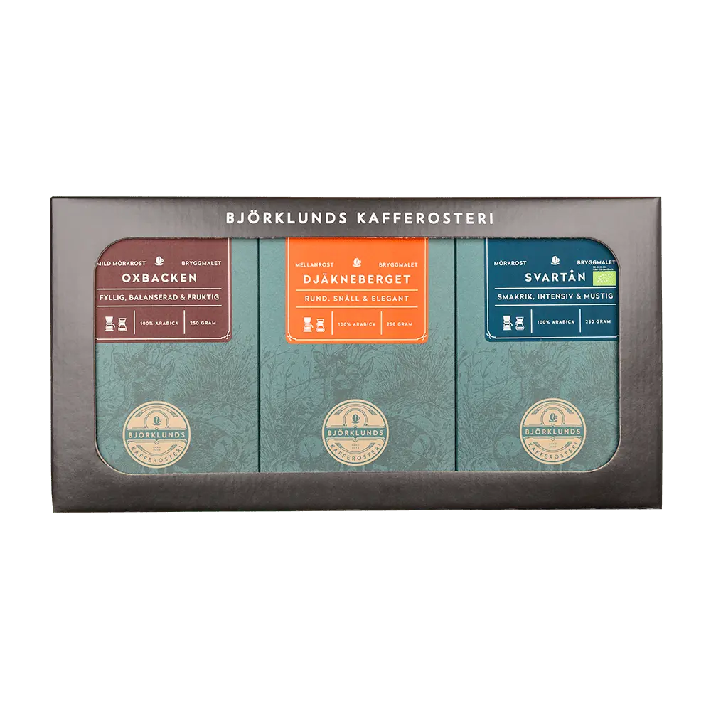 Björklunds Kaffebox – 3 x Bryggmalet kaffe i presentförpackning