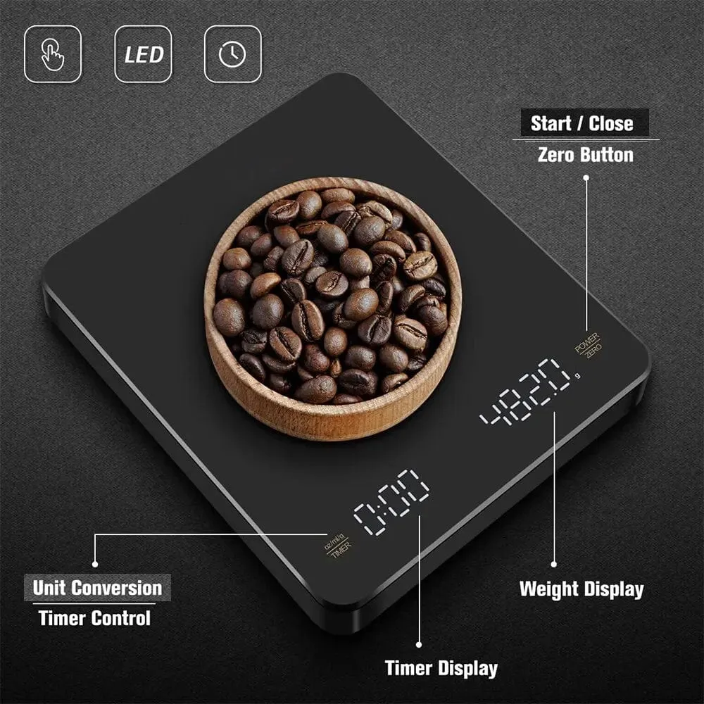 Digital kaffevåg med timer LED-skärm Espresso USB 3 kg max. Vikt 0,1 g precision i oz/ml/g