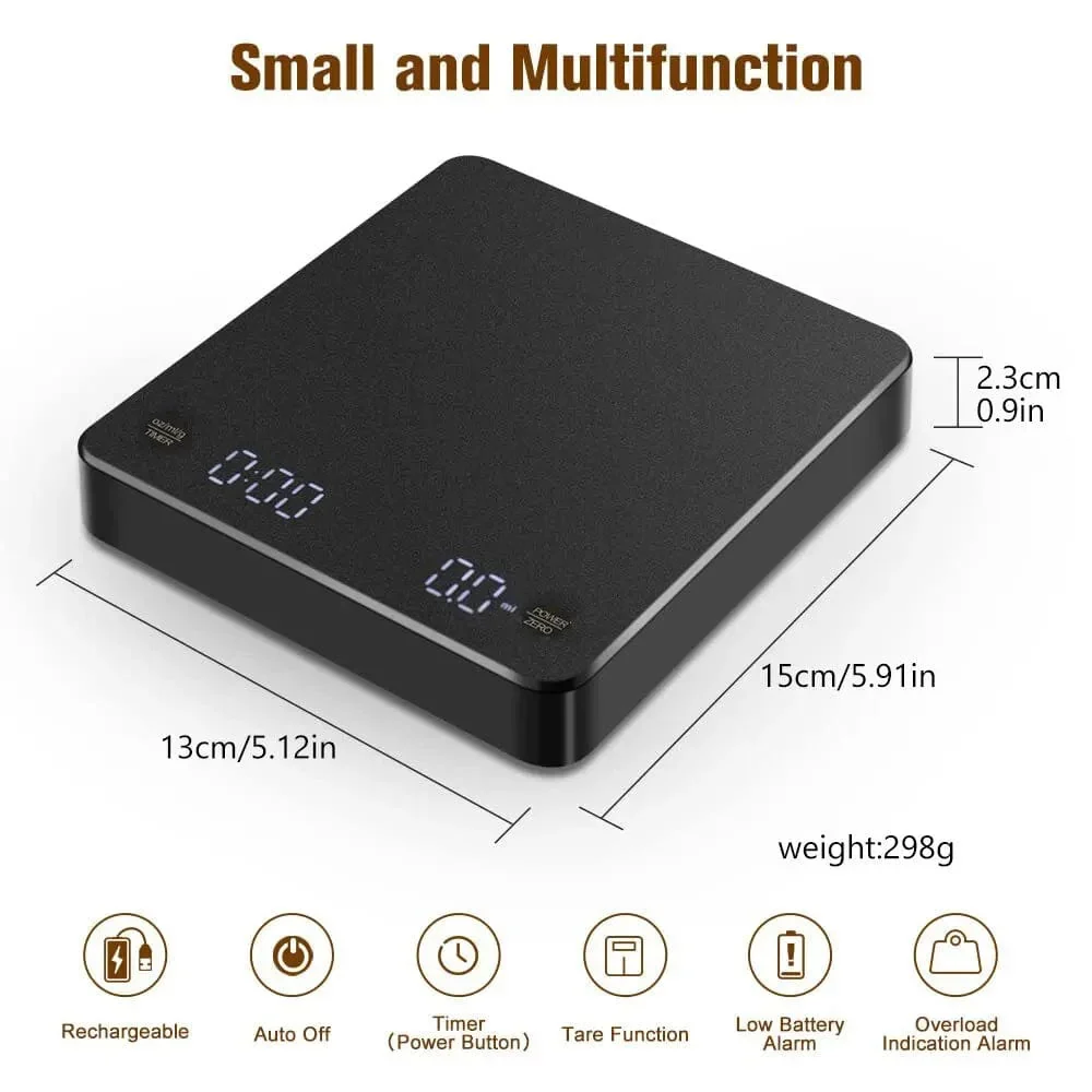 Digital kaffevåg med timer LED-skärm Espresso USB 3 kg max. Vikt 0,1 g precision i oz/ml/g