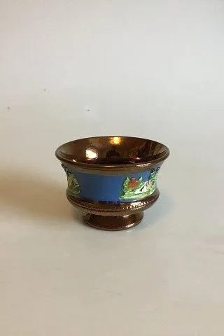 Engelsk kobber lustre sukker skål med farverigt relief. Keramik
