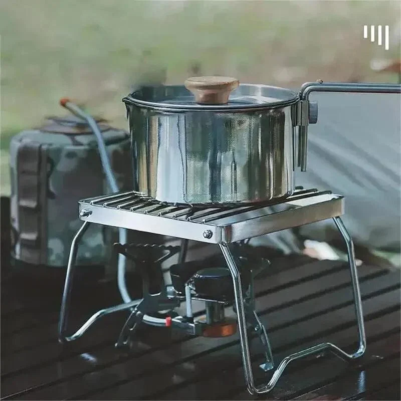 Fällbart ställ för matlagning i rostfritt stål för campinggrill.