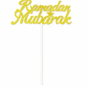 Ramadan Mubarak skilt på pinde 15x20cm guld farve