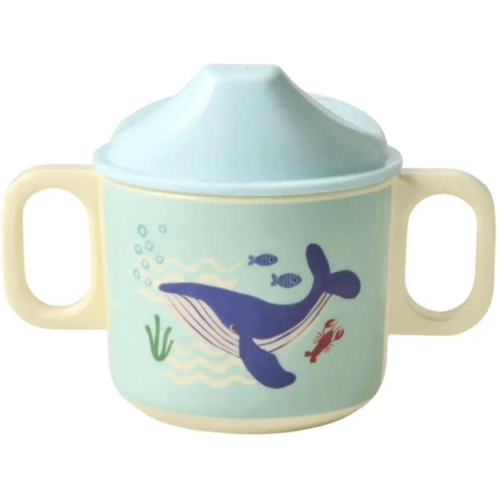 Rice Blue Ocean Print Melamine 2 Handle Baby Kopp Lid 250 Ml
