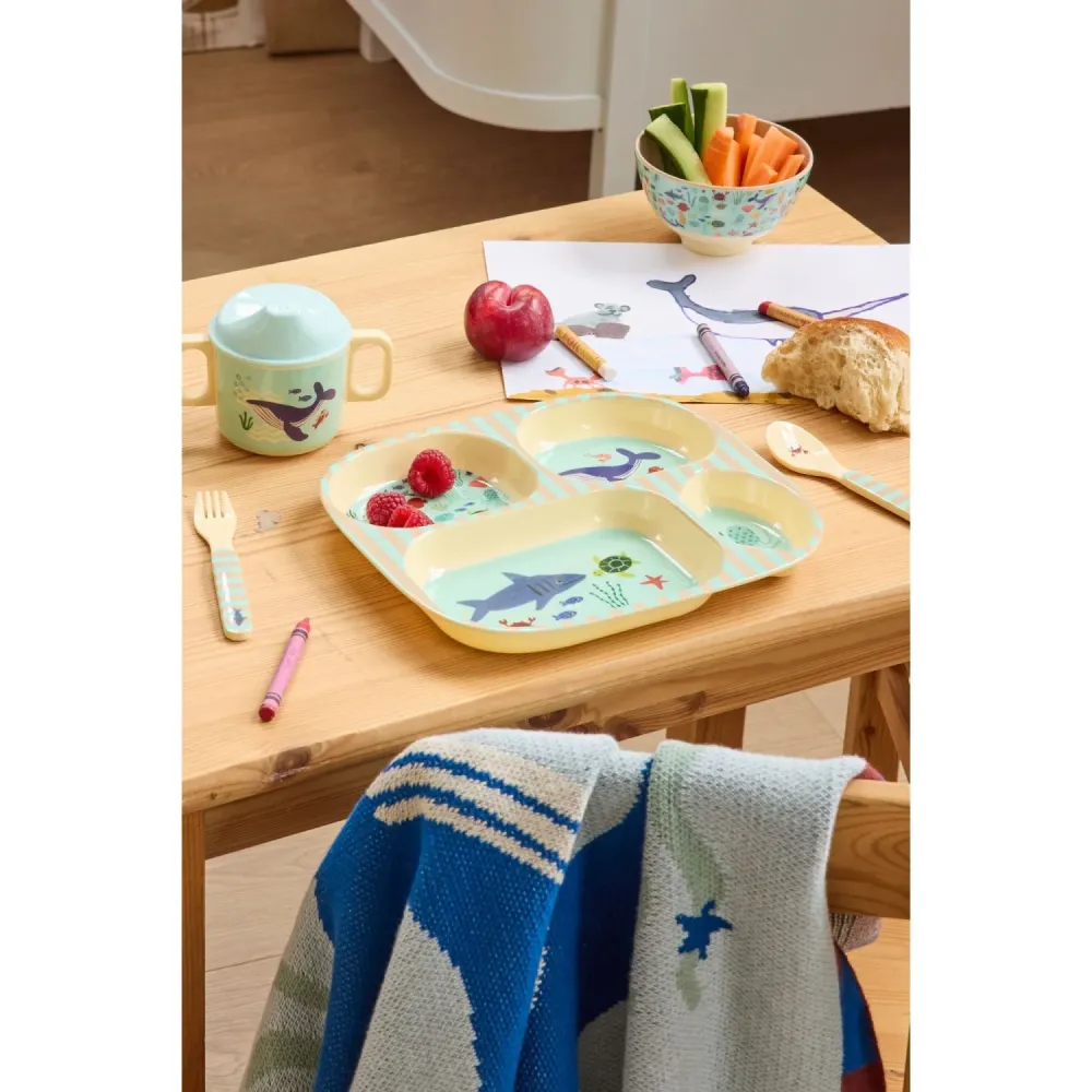 Rice Blue Ocean Print Melamine 2 Handle Baby Kopp Lid 250 Ml