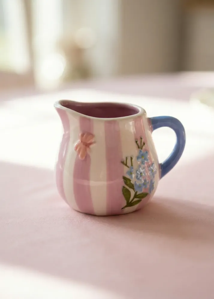 Rosa blommig mjölkkanna med ränder - 120 ml