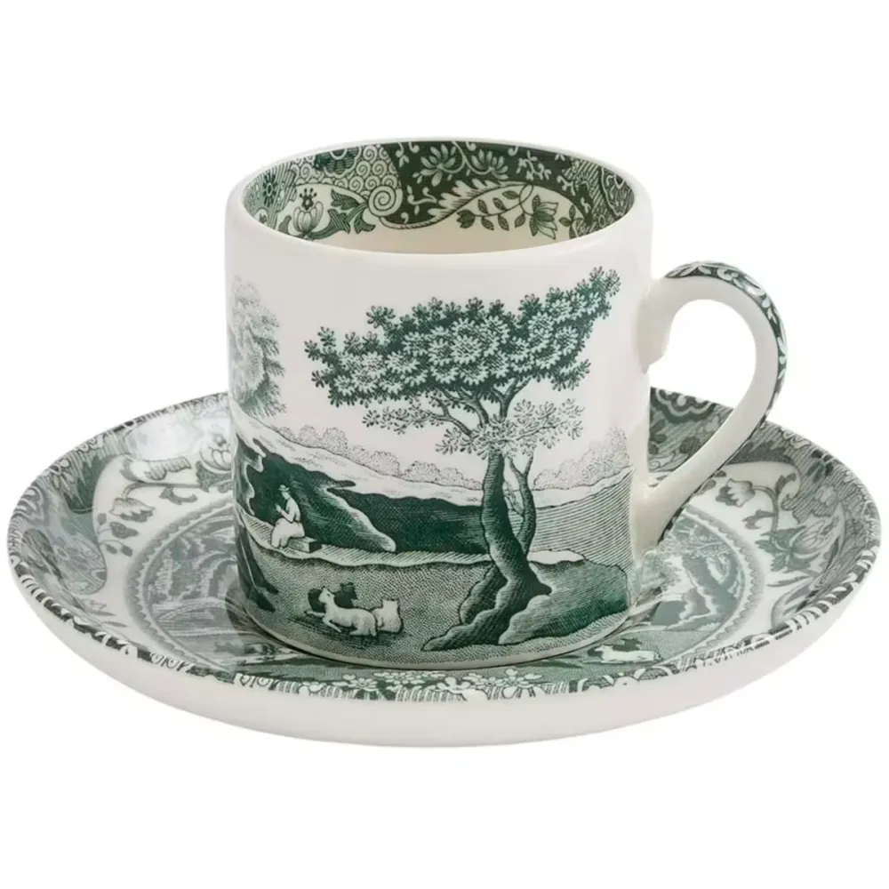 Spode Heritage Green Italian espressokopp + fat 9 cl grön/vit