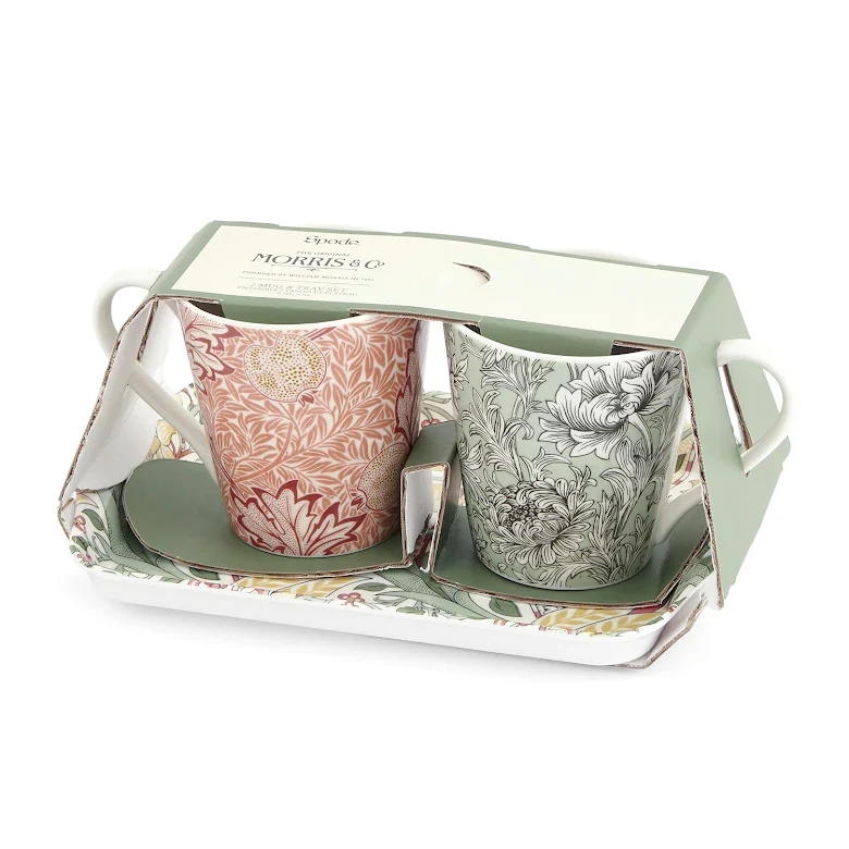 Spode Morris & Co två muggar och bricka Daffodil Apple