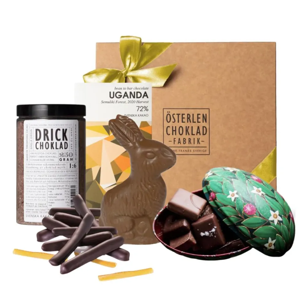 Påskens gourmetgåva - stor presentbox med praliner, påskhare, påskägg och klassisk konfekt