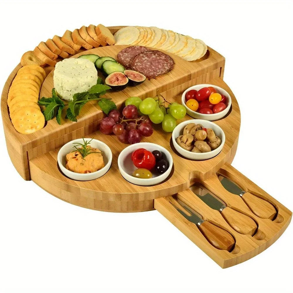 Bambuskäse- och charkbricka med inbyggd låda