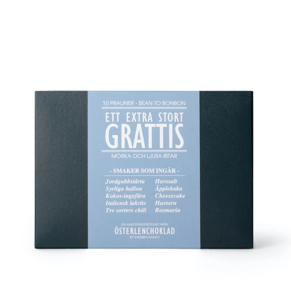 Chokladpraliner i vacker presentask med budskap: Extra stort Grattis!