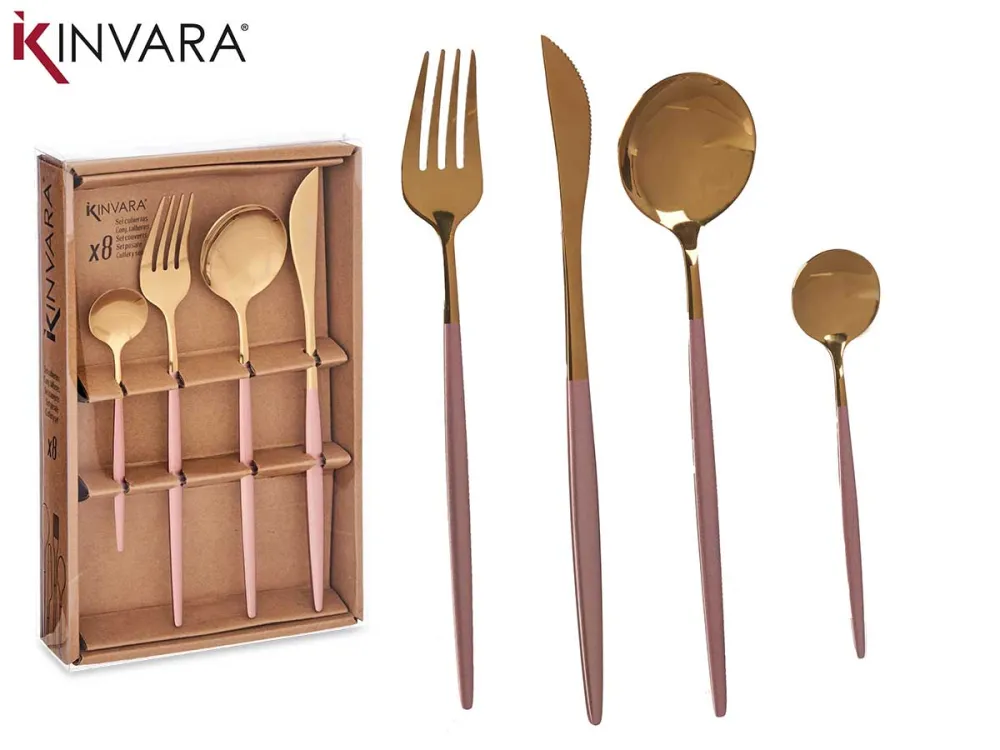 Kinvara - Premium Bestickset Guld Med Roséguldskydd 8 St 2 Smörkniv 2 Matskedar 2 Gafflar 2 Teskedar
