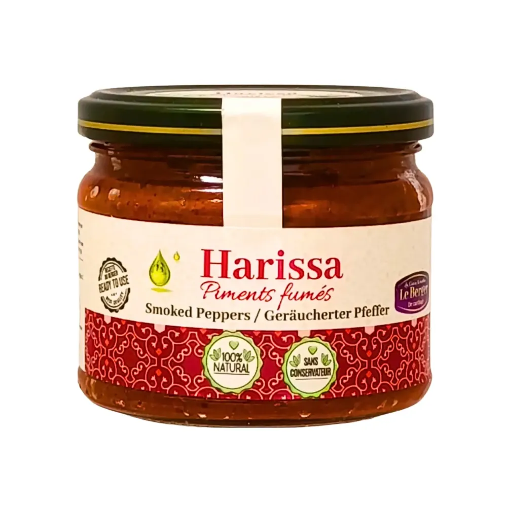 Harissa med rökta chilipeppar (Piments Fumés) 280g – rökig och het smak från Nordafrika.