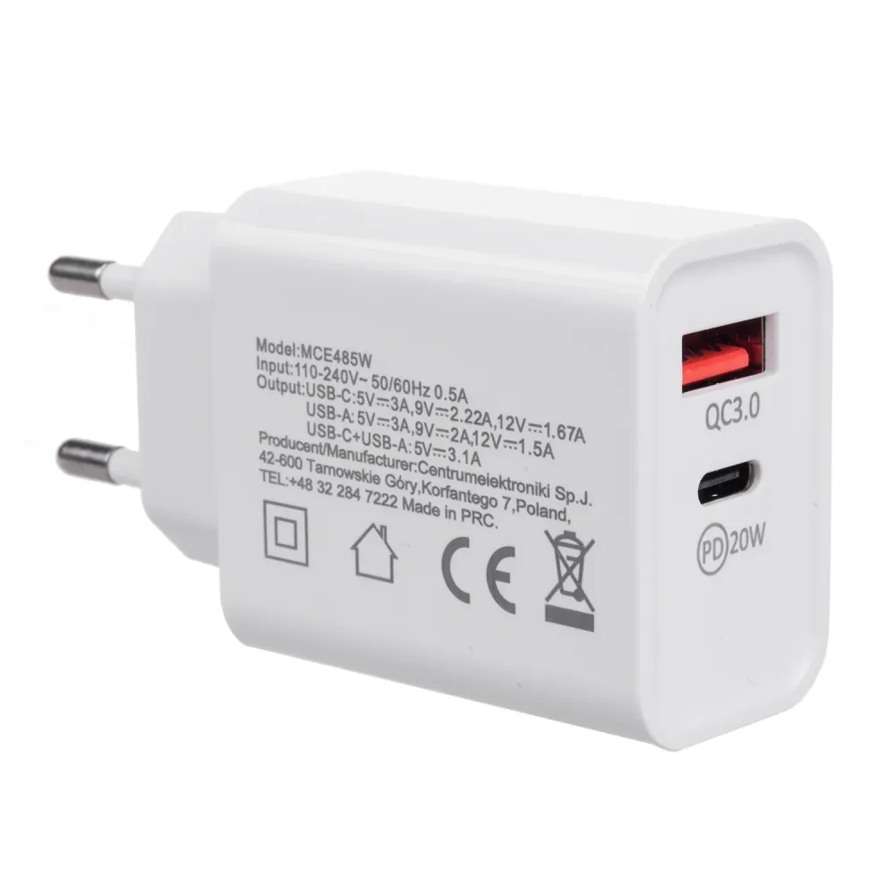 Maclean MCE485 W 20W Nätladdare PD Power Delivery Qualcomm Quick Charge, QC 3.0, 5V3A/9V2.22A/12V1.67A, Krita, MCE485W