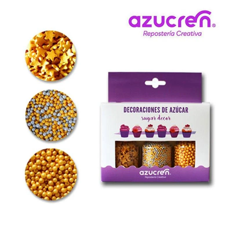 Set/3 dekorationer i guld- och silversocker – 80 g