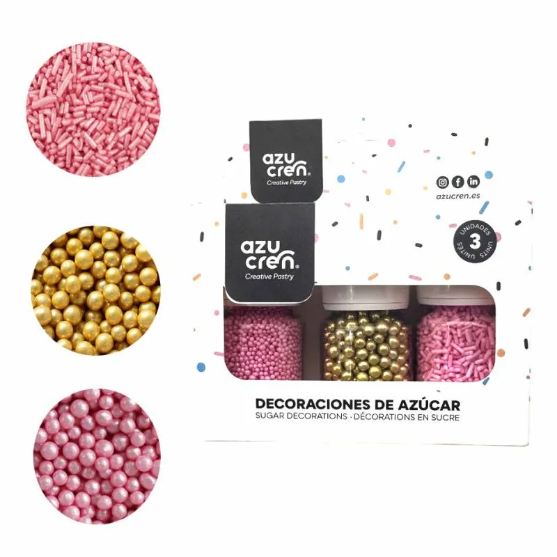 Set/3 Dekorationer i Socker – Strössel, Pärlor & Mini Pärlor - Rosa/Guld
